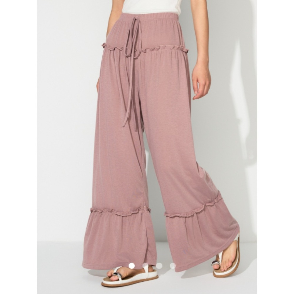 Lagenlook Palazzo Pants Sz M Mauve Pink Tiered Ruffle Flowy Wide Leg Boho Hippie